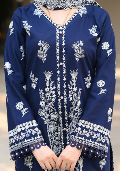 Dhanak-3PC Embroidered Shirt with Chiffon Embroidered Dupatta - 3460