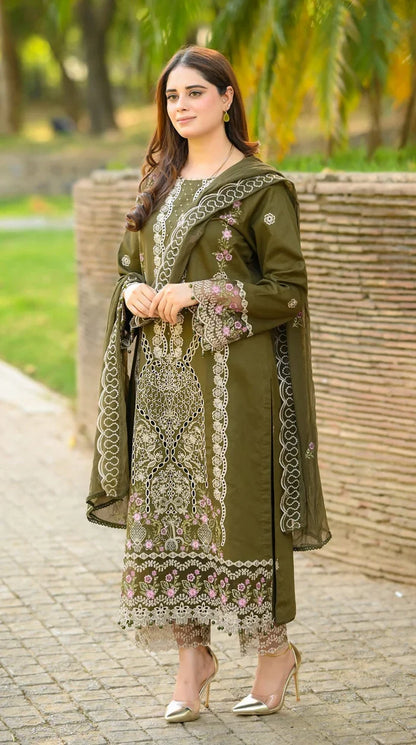 Dhanak-3PC Embroidered Shirt with Chiffon Embroidered Dupatta - 6449
