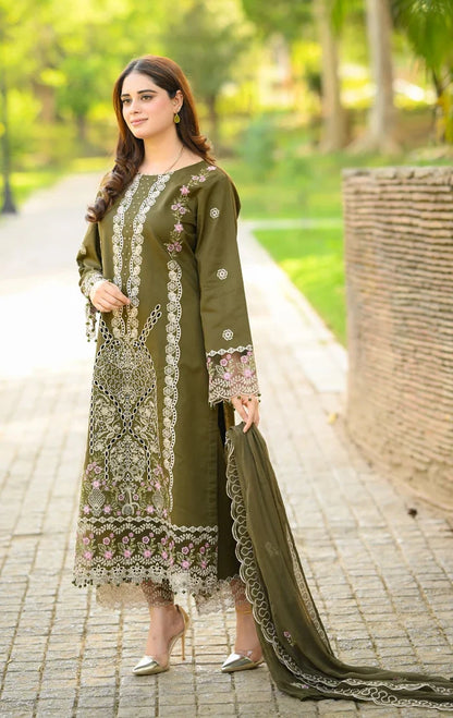 Dhanak-3PC Embroidered Shirt with Chiffon Embroidered Dupatta - 6449