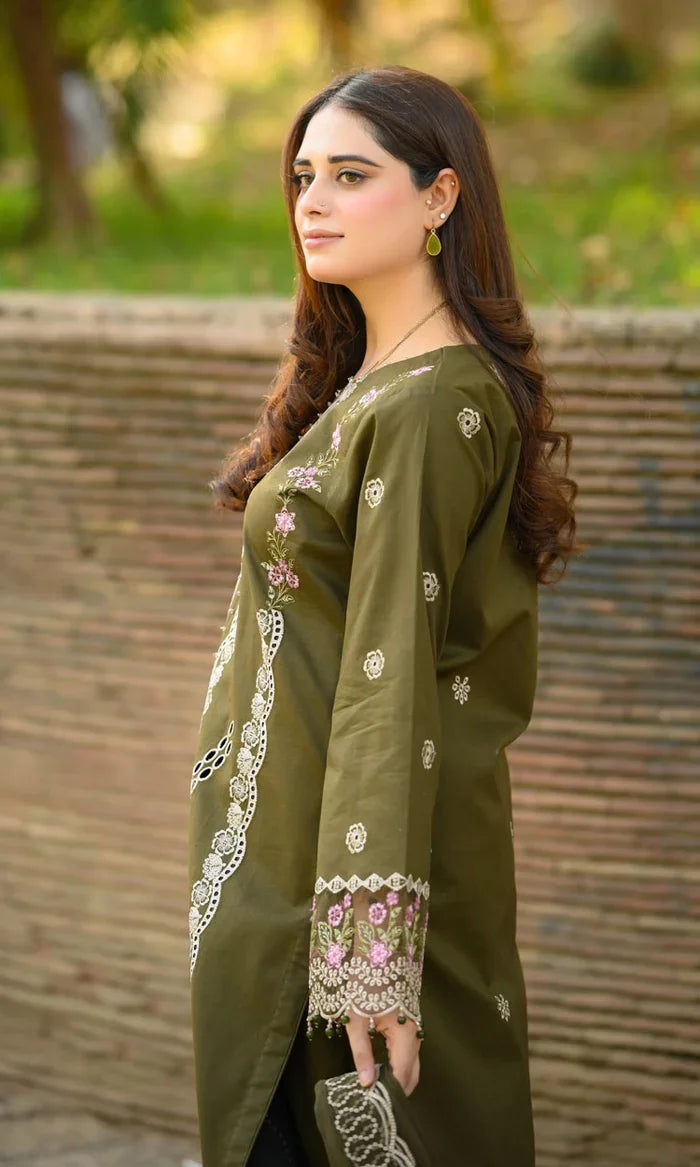Dhanak-3PC Embroidered Shirt with Chiffon Embroidered Dupatta - 6449