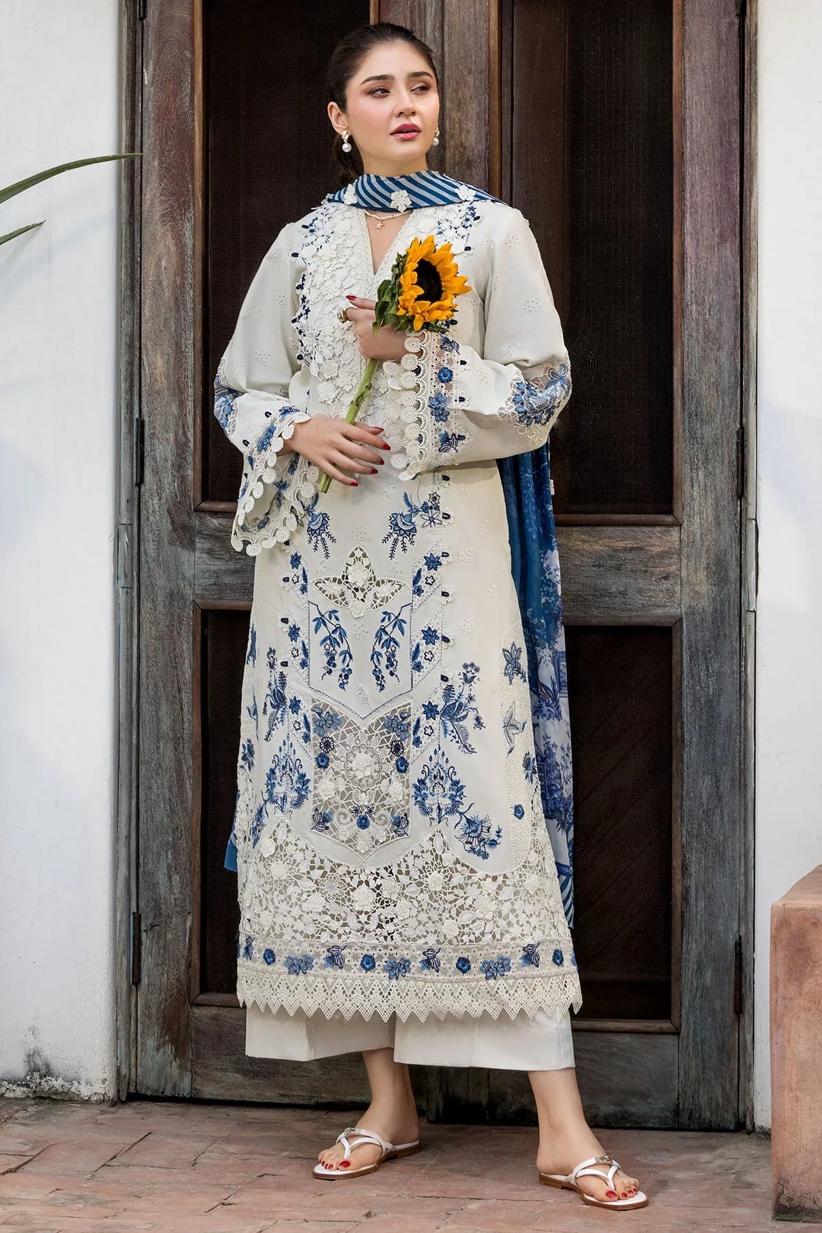 Dhanak-3PC Embroidered Shirt with Digital Printed Shawl- 6419