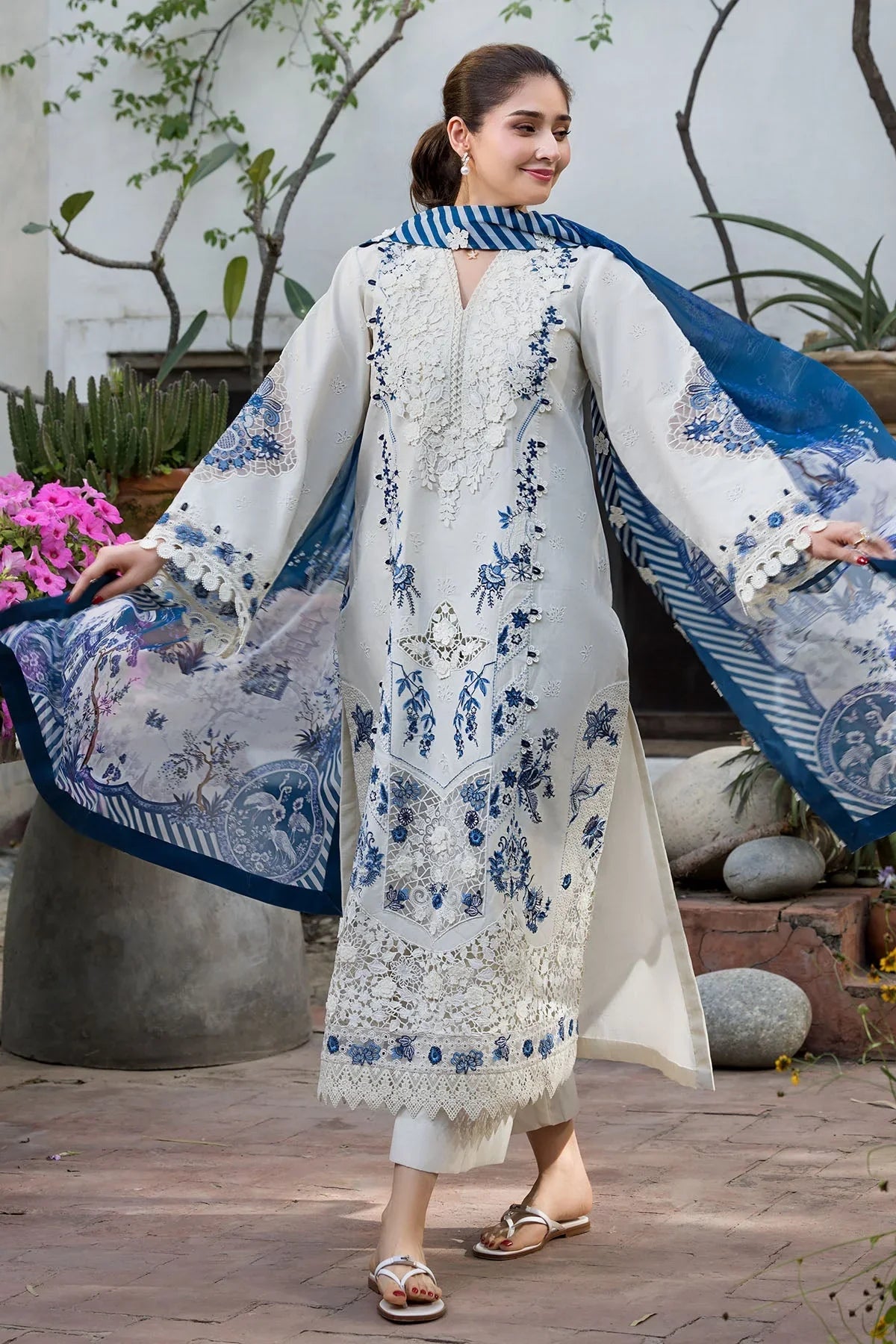 Dhanak-3PC Embroidered Shirt with Digital Printed Shawl- 6419