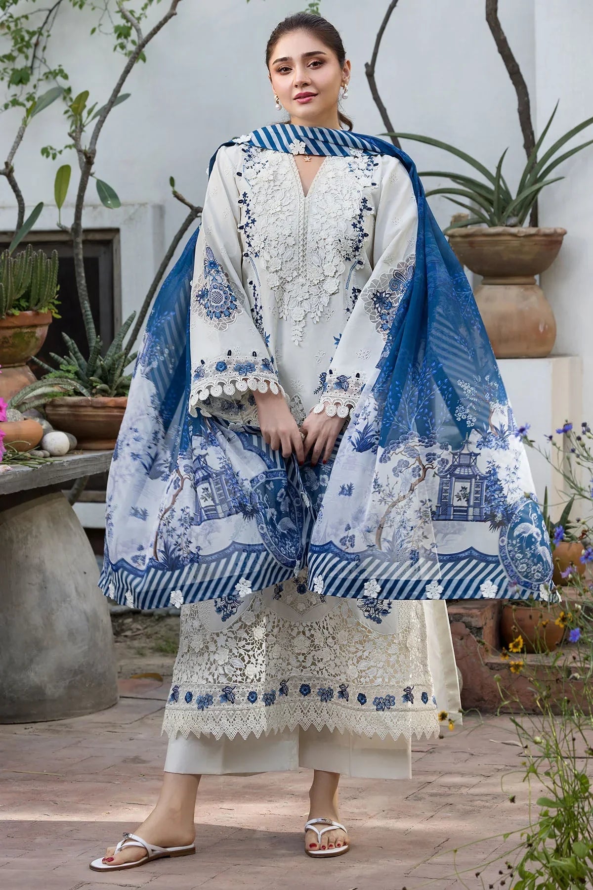 Dhanak-3PC Embroidered Shirt with Digital Printed Shawl- 6419