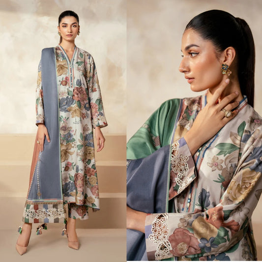 3PCS BAROQUE KARANDI PRINTED SHIRT WITH KARANDI PRINTED DUAPTTA AND TROUSER Winter Collection ULM- 1705