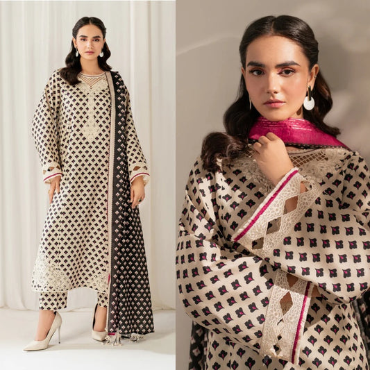 3PCS BAROQUE KARANDI PRINTED SHIRT WITH KARANDI PRINTED DUAPTTA AND TROUSER Winter Collection ULM - 1703