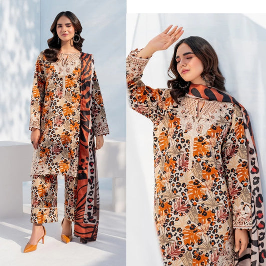 3PCS BAROQUE KARANDI PRINTED SHIRT WITH KARANDI PRINTED DUAPTTA AND TROUSER Winter Collection ULM - 1702