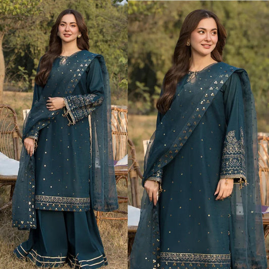 3PCS Dhanak Embroidered Shirt with Organza Embroidered Dupatta Winter Collection ULM- 3392