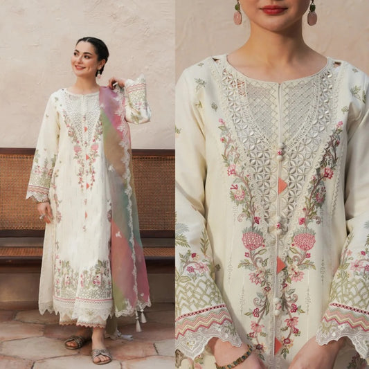 3PCS Dhanak Embroidered Shirt With Digital Printed & Embroidered Organza Dupatta Winter Collection ULM-3372