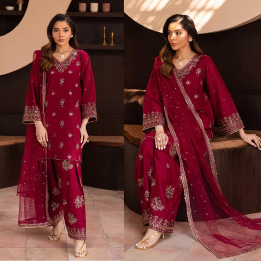 3PCS Dhanak Embroidered Shirt With Organza Embroidered Dupatta Winter Collection ULM-3370