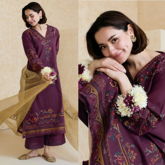 3PCS Dhanak  Embroidered Shirt With Organza Embroidered Dupatta Winter Collection ULM-3343