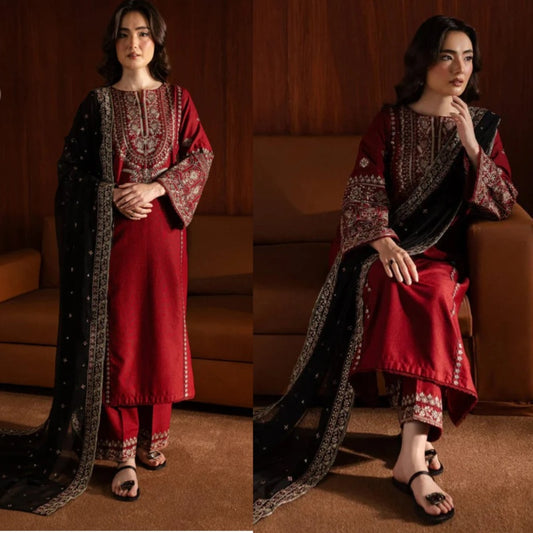 3PCS Dhanak Embroidered Shirt With Organza Sequence Embroidered Dupatta Winter Collection ULM-3351