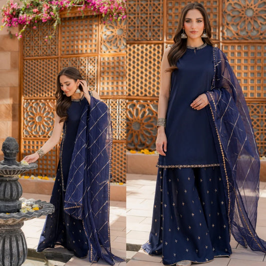 3PCS Dhanak  Embroidered Shirt With Organza Embroidered Dupatta Winter Collection ULM-3354