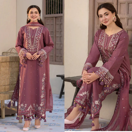 3PCS Dhanak Embroidered Shirt with Chiffon Embroidered Dupatta Winter Collection ULM-3286