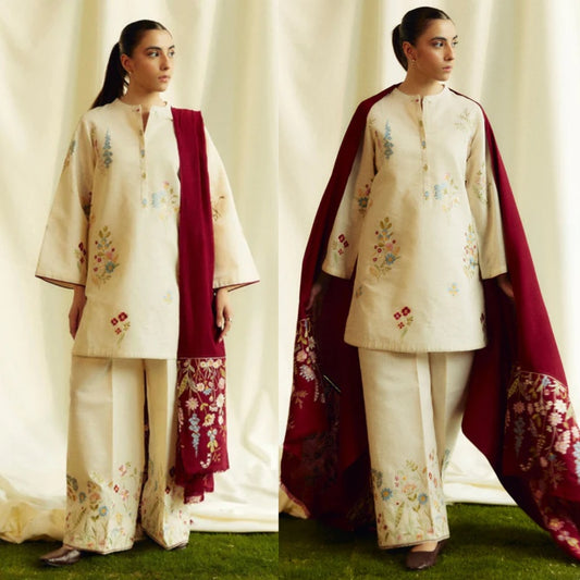 3PCS ZARA SHAHJAHAN Dhanak Embroidered Shirt With Embroidered Shawl Winter Collection ULM-278
