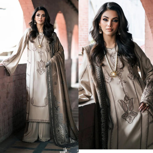 A+ 3PCS IZEL MUSAFIR Dhanak Embroidered Shirt With Digital Printed Shawl Winter Collection BULM-257