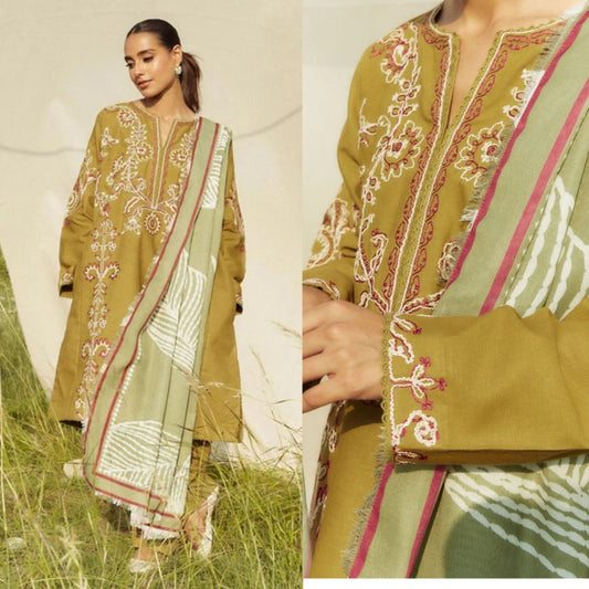 3PCS ZARA SHAHJAHAN Dhanak Embroidered Shirt With Digital Printed Shawl Winter Collection ULM-271
