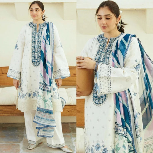3PCS Zarashahjhan Embroidered off white Lawn Collection COCO-06