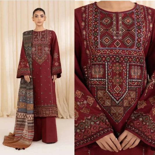 3PCS Dhanak Embroidered Shirt with Digital Printed Wool Shawl Winter Collection ULM-3268