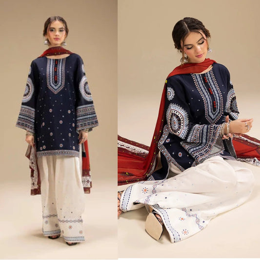 3PCS Dhanak Embroidered Shirt with Digital Printed Wool Shawl Winter Collection BULM-3324