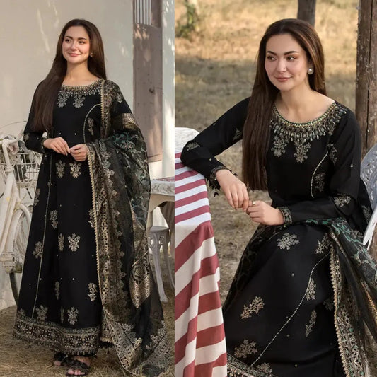 3PCS Dhanak Embroidered Shirt with Digital Printed Silk Dupatta Winter Collection ULM-3283