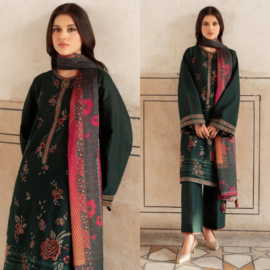 A+ 3PCS JAZMIN- Dhanak Embroidered Shirt With Digital Printed Shawl Winter Collection BULM-133