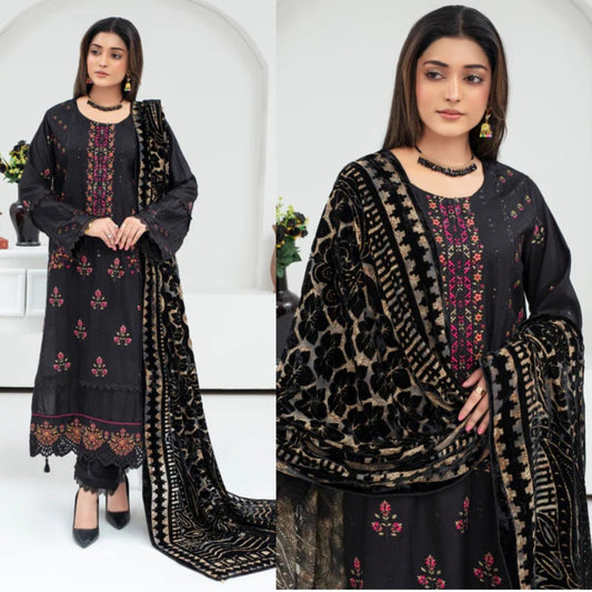 3PCS CREATION Dhanak Chikankari Embroidered Shirt With Velvet Plachi Shawl Winter Collection ULM- 2101