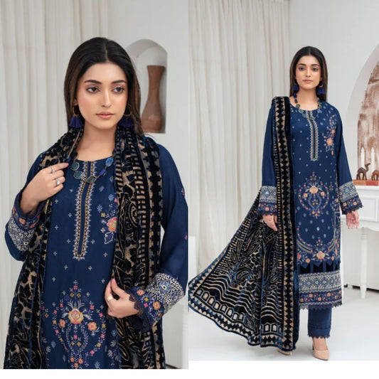 3PCS CREATION Dhanak Chikankari Embroidered Shirt With Velvet Plachi Shawl Winter Collection ULM- 2103