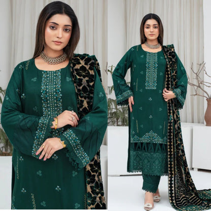 3PCS CREATION Dhanak Chikankari Embroidered Shirt With Velvet Plachi Shawl Winter Collection ULM- 2105