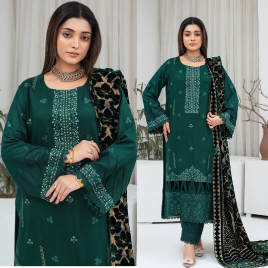 3PCS CREATION Dhanak Chikankari Embroidered Shirt With Velvet Plachi Shawl Winter Collection ULM- 2105