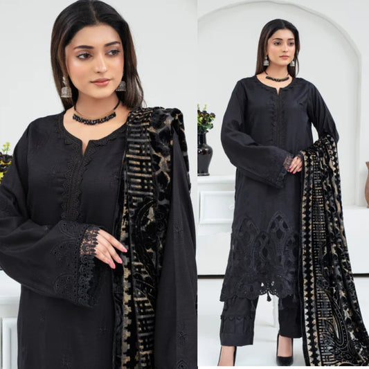 3PCS CREATION Dhanak Chikankari Embroidered Shirt With Velvet Plachi Shawl Winter Collection ULM- 2107