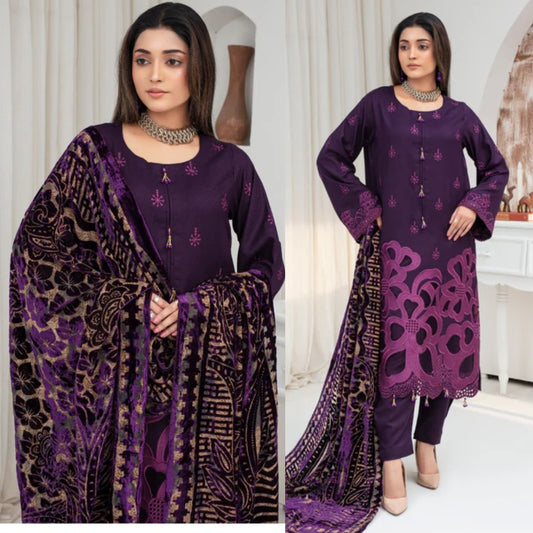 3PCS CREATION Dhanak  Chikankari Embroidered Shirt With Velvet Plachi Shawl Winter Collection ULM- 2108
