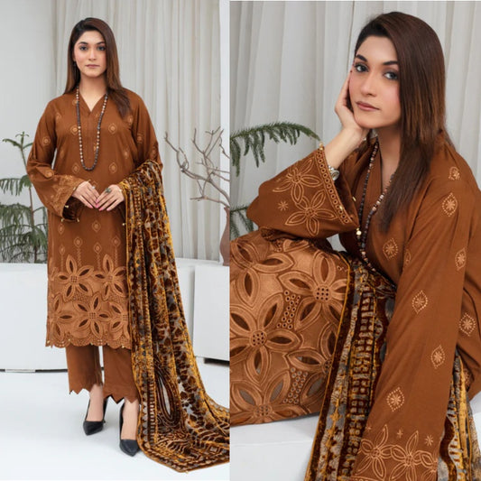 3PCS CREATION Dhanak Chikankari Embroidered Shirt With Velvet Plachi Shawl Winter Collection ULM- 2109