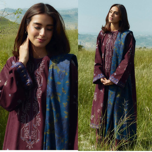 3PCS ZARA SHAHJAHAN Dhanak Embroidered Shirt With Digital Printed Shawl Winter Collection ULM-274