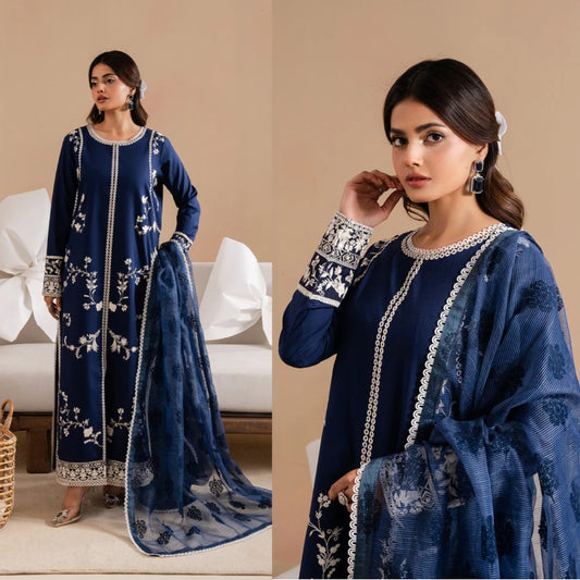 3PCS Dhanak Embroidered Shirt with Digital Printed Wool Shawl Winter Collection ULM-3367