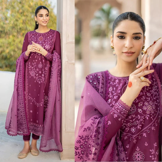 3PCS Dhanak Embroidered Shirt with Organza Embroidered Dupatta Winter Collection ULM- 3242