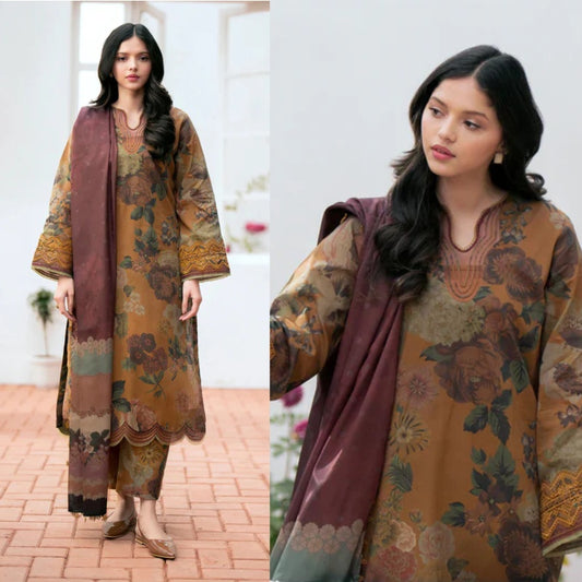 3PCS BAROQUE  KARANDI PRINTED SHIRT WITH KARANDI PRINTED DUAPTTA AND TROUSER Winter Collection ULM-813