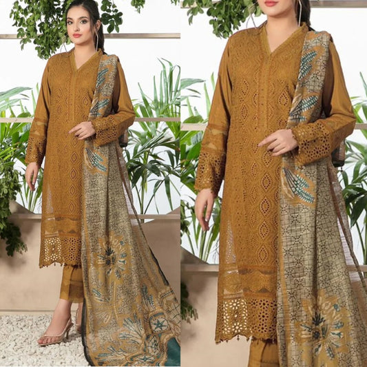 3PCS Chikenkari Dhanak Embroidered  Winter Collection (D-762 Mustard)