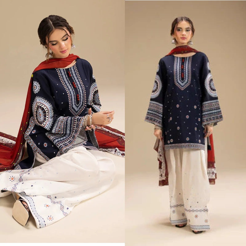 3PCS Embroidered Shirt with Digital Printed Jacquard Dupatta Lawn Collection B-1415