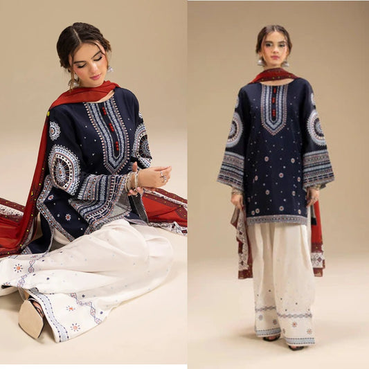 3PCS Embroidered Shirt with Digital Printed Jacquard Dupatta Lawn Collection B-1415