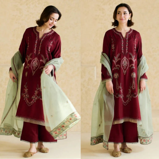 3PCS Embroidered Shirt with Organza Embroidered Dupatta Lawn Collection ULM-1425