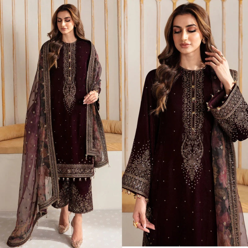 3PCS -Embroidered Velvet Dress with Organza Dupatta Velvet Collection-750