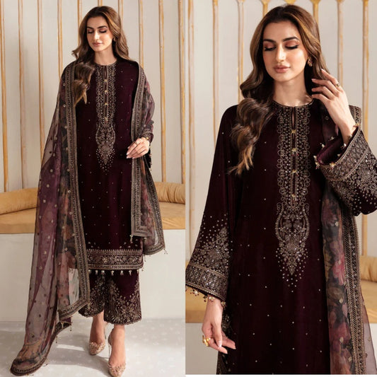 3PCS -Embroidered Velvet Dress with Organza Dupatta Velvet Collection-750