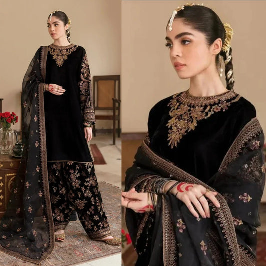 3PCS Embroidered Velvet Dress With Organza embroidered Dupatta Velvet Collection BULM- D-107
