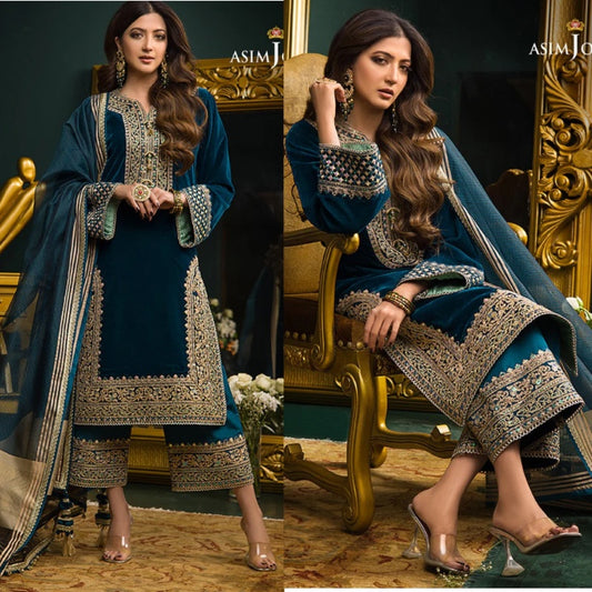 3PCS Velvet Embroidered Shirt With Organza Dupatta Velvet Collection- 300
