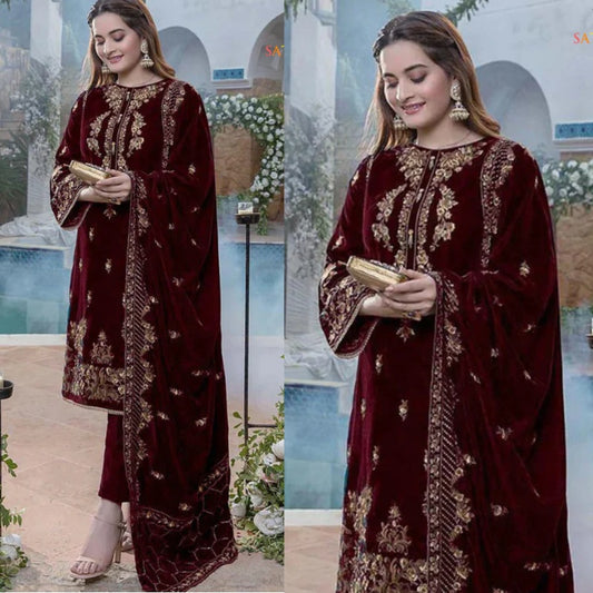 3PCS Embroidered Velvet Dress With Velvet Shawl Velvet Collection-970