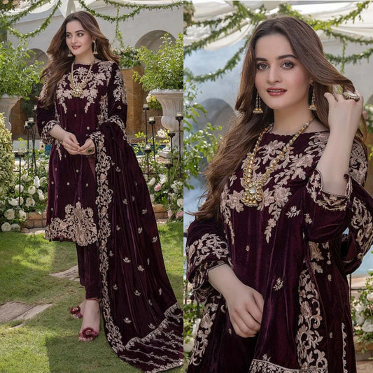 A+ 3PCS Embroidered Velvet with Velvet Shawl Velvet Collection 954