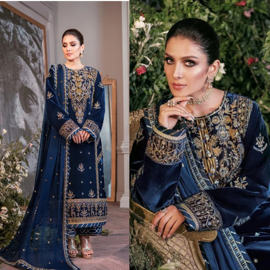 3PCS Embroidered Velvet With Embroidered Chiffon Dupatta Velvet Winter Collection-959
