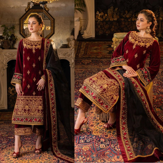 3PCS Velvet Embroidered Shirt With Organza Embroidered Dupatta Velvet Winter Collection  617