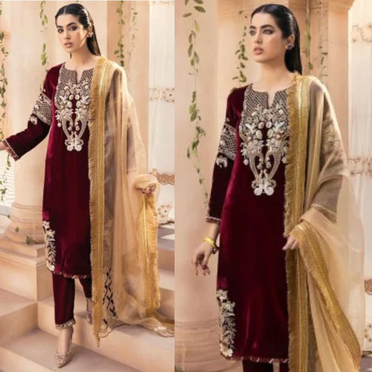 3PCS Embroidered Velvet  Dress with Embroidered Organza Velvet Winter Collection 3305