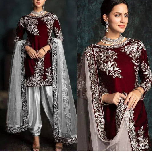 3PCS Embroidered Velvet Dress with Organza Dupatta Velvet Winter Collection 301